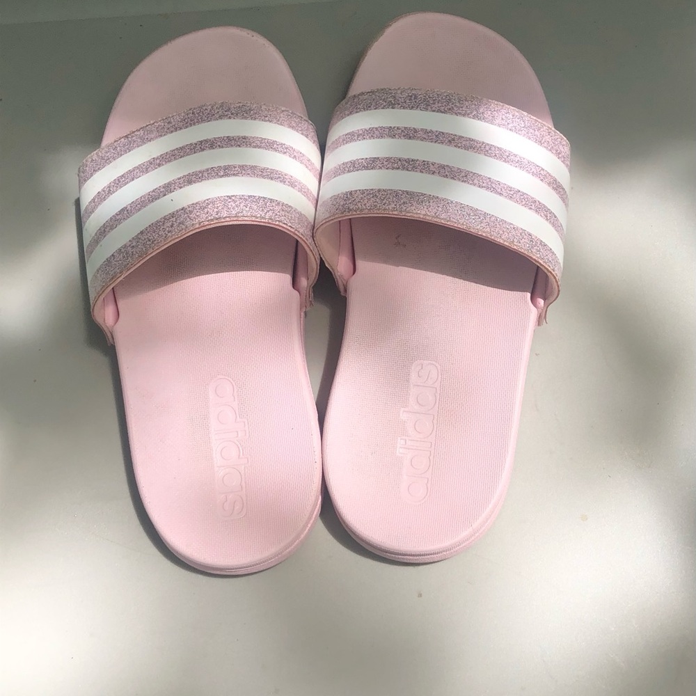 Adidas Kids' Pink Slide Sandals with White Stripes